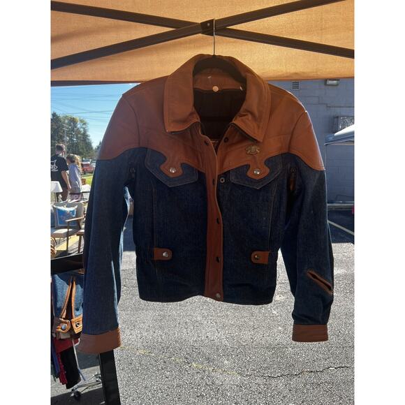 Hein Gericke Ladies Of Harley Motorcycle Jacket Tan Brown Leather Denim 80s M - Picture 1 of 8